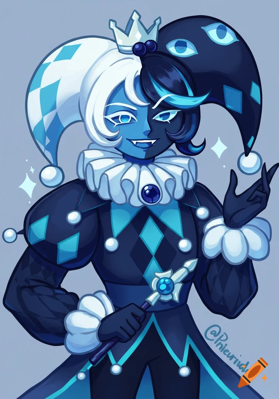 Stylized illustration of a dark blue and white jester character with two-toned face and hat, holding a staff.