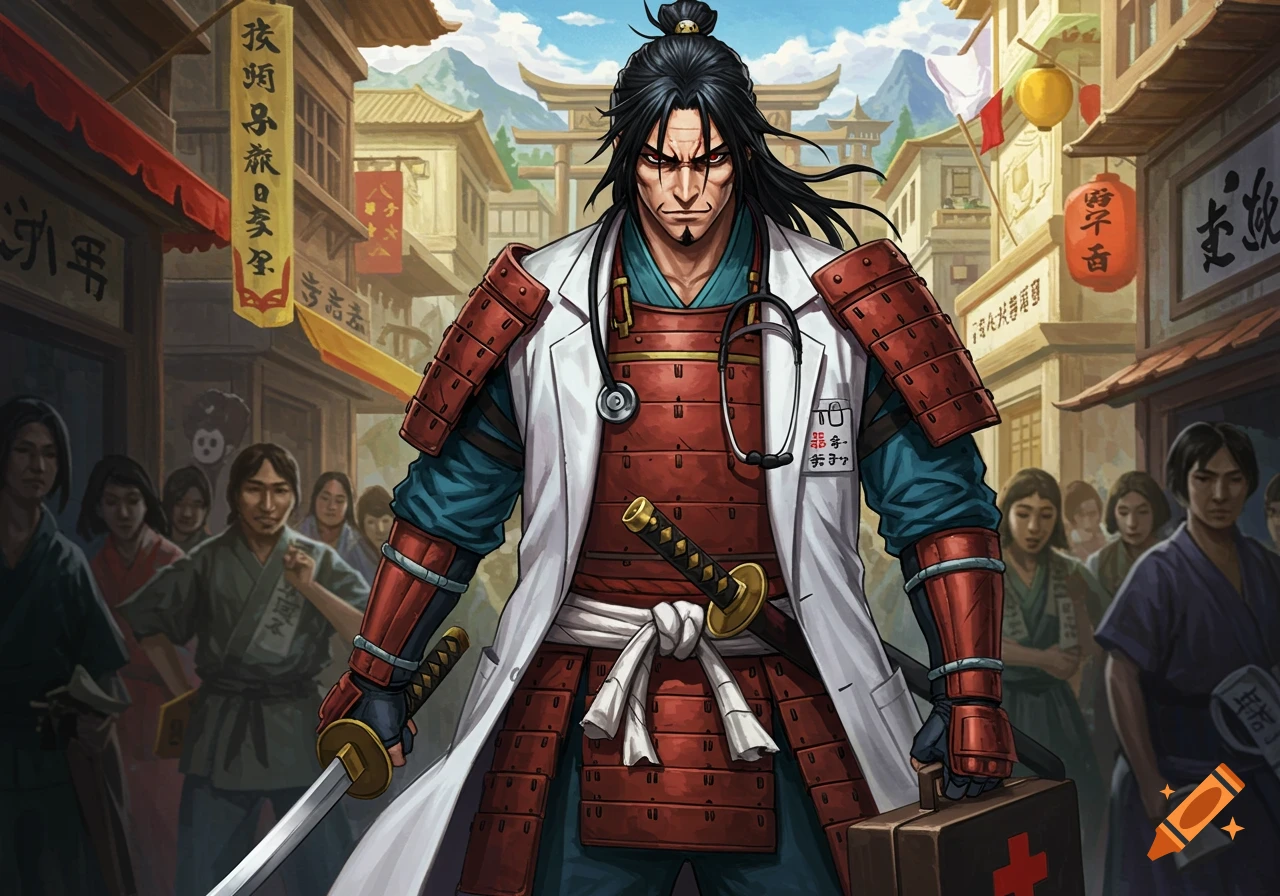 Anime-style illustration of a black-haired samurai doctor in red armor and white coat, holding a sword and medical bag in a traditional Japanese street.