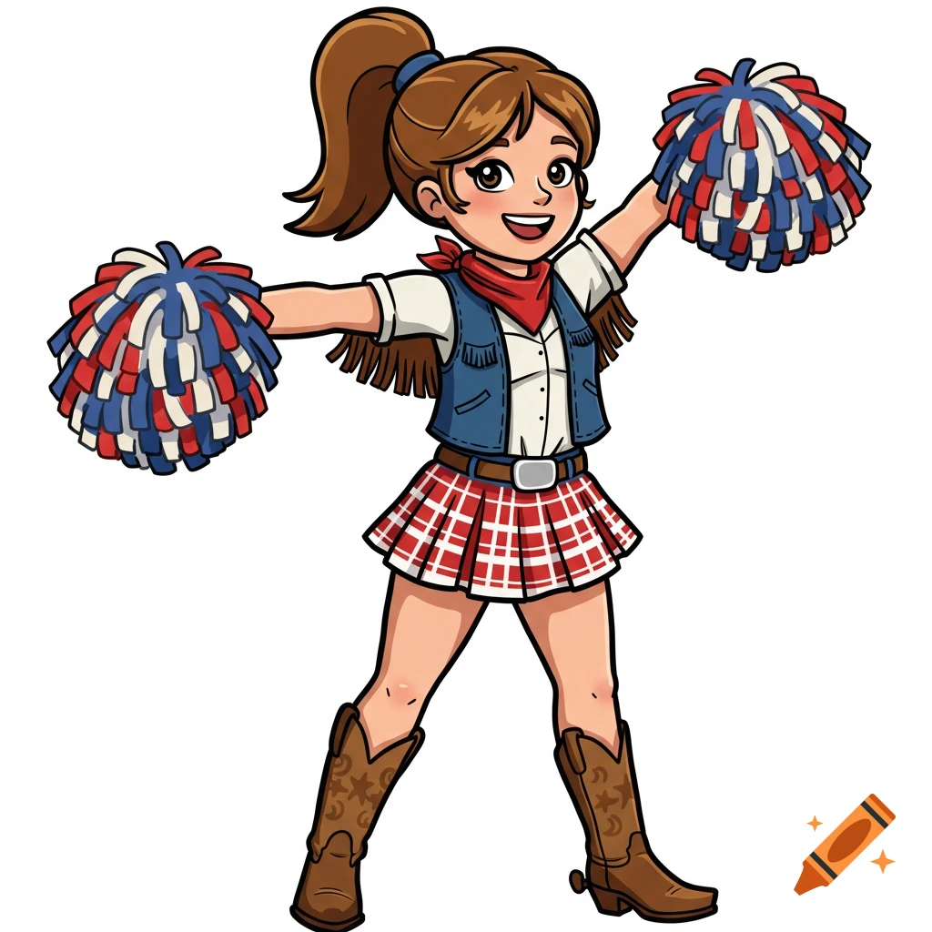 Cartoon cowgirl cheerleader in skirt and boots holding red, white, and blue pom-poms