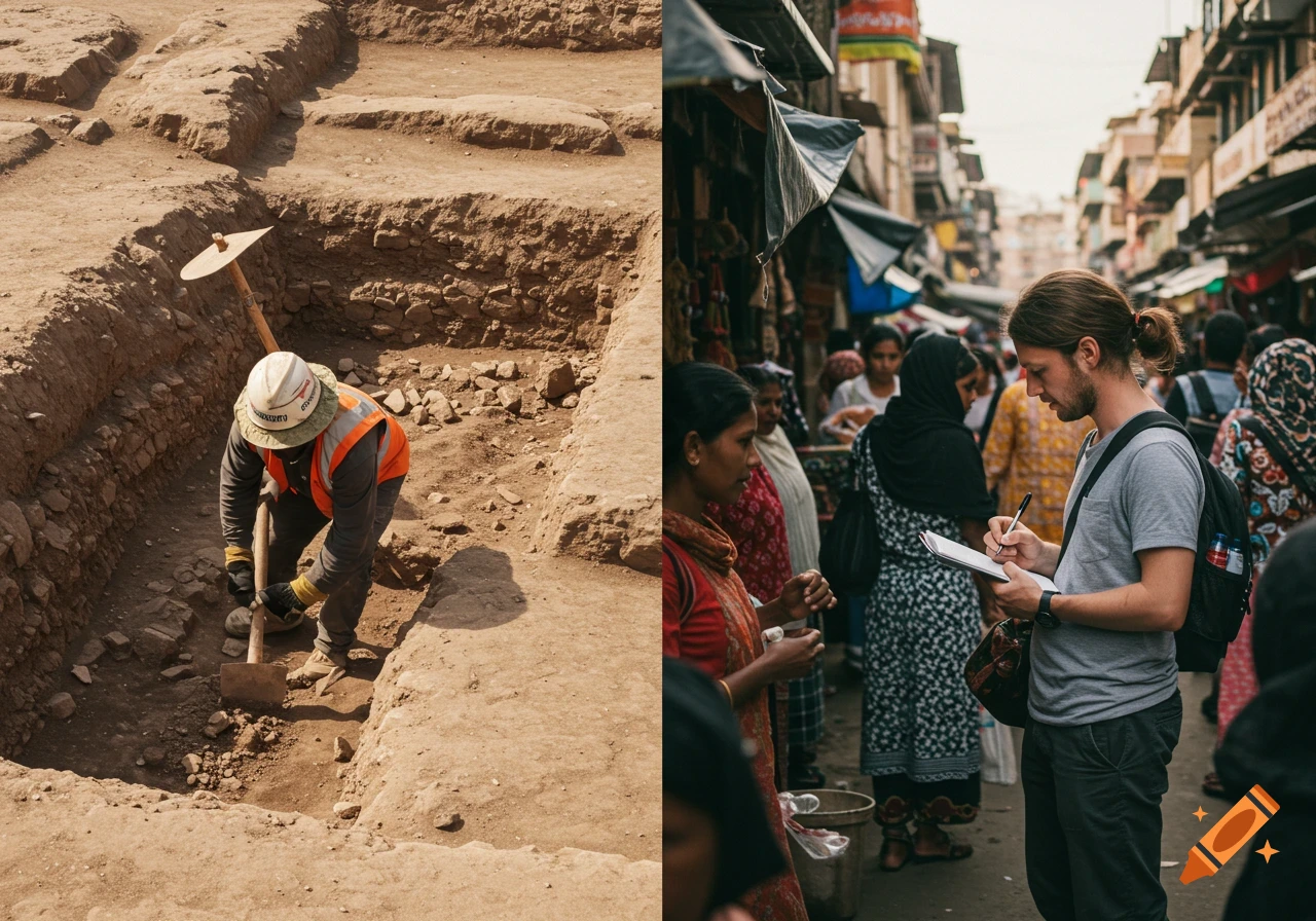 Split image of archaeologist digging and anthropologist taking notes in a crowded market, realistic style.
