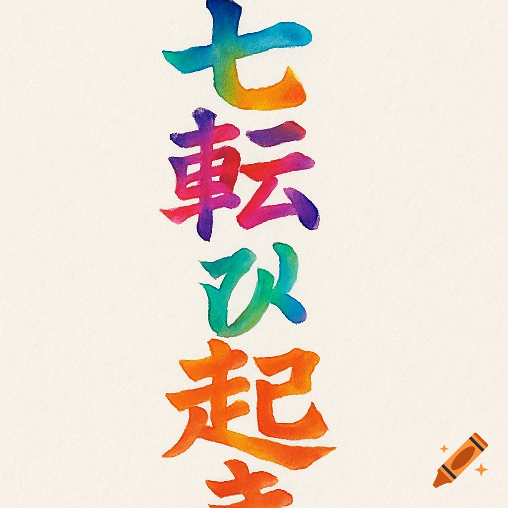 Vertical Japanese characters in rainbow watercolor on a light background.