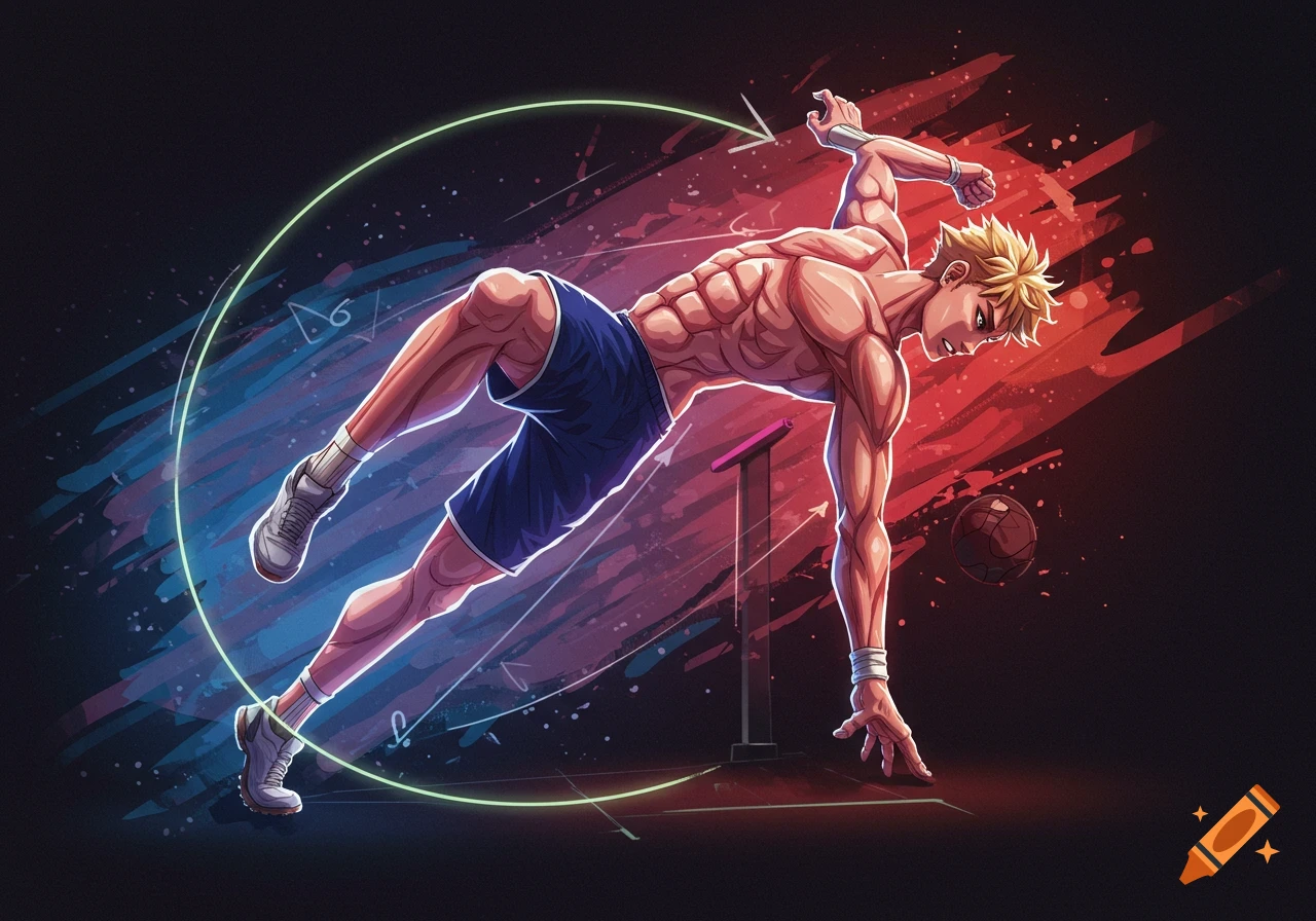 Anime style illustration of a muscular male athlete jumping over a hurdle against a dynamic background.