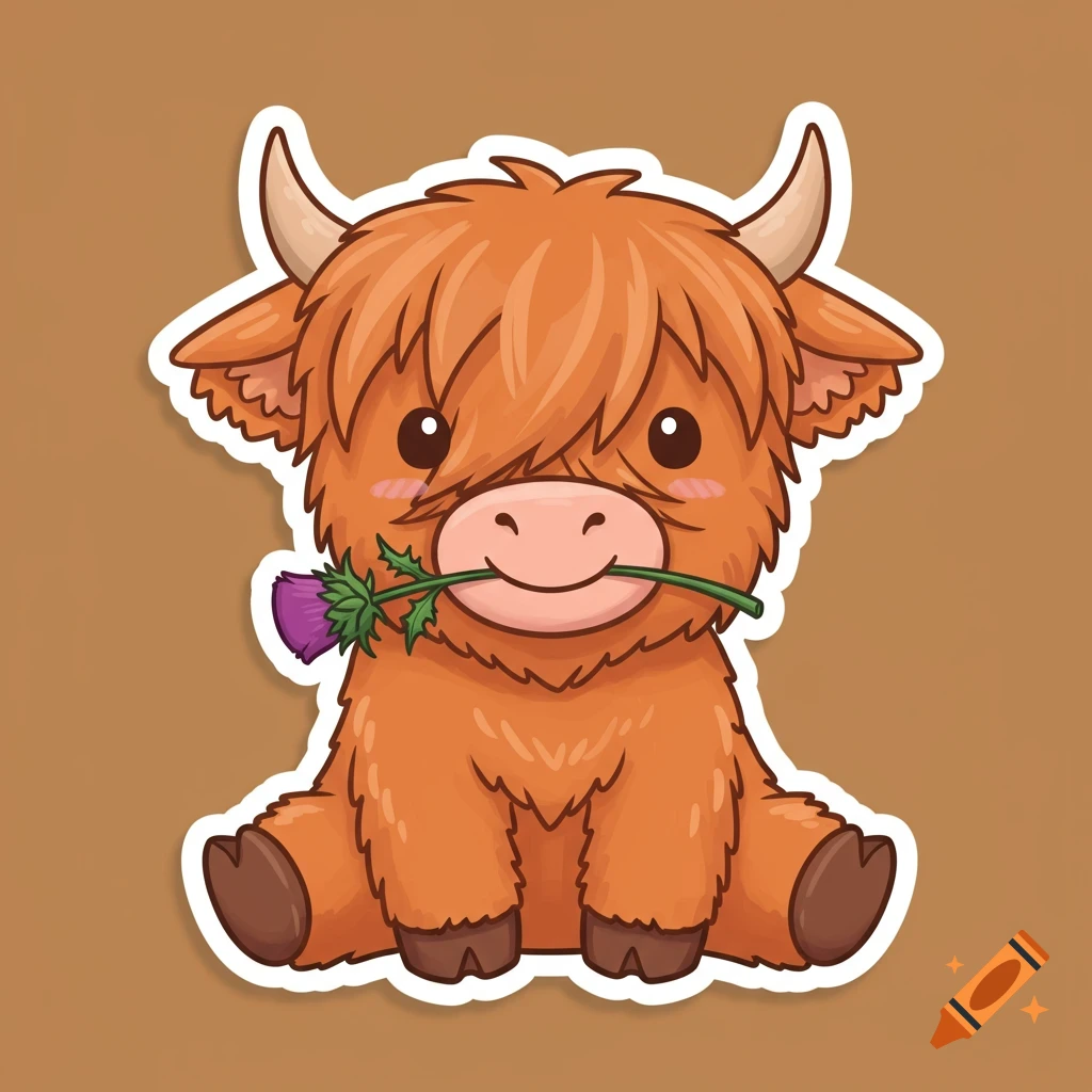 Cute cartoon sticker of a sitting Highland cow holding a purple thistle in its mouth.
