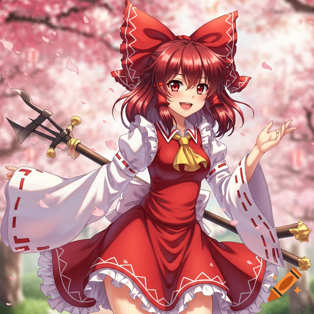 Anime girl with red hair, red dress, and large red bow holding a staff under cherry blossoms.