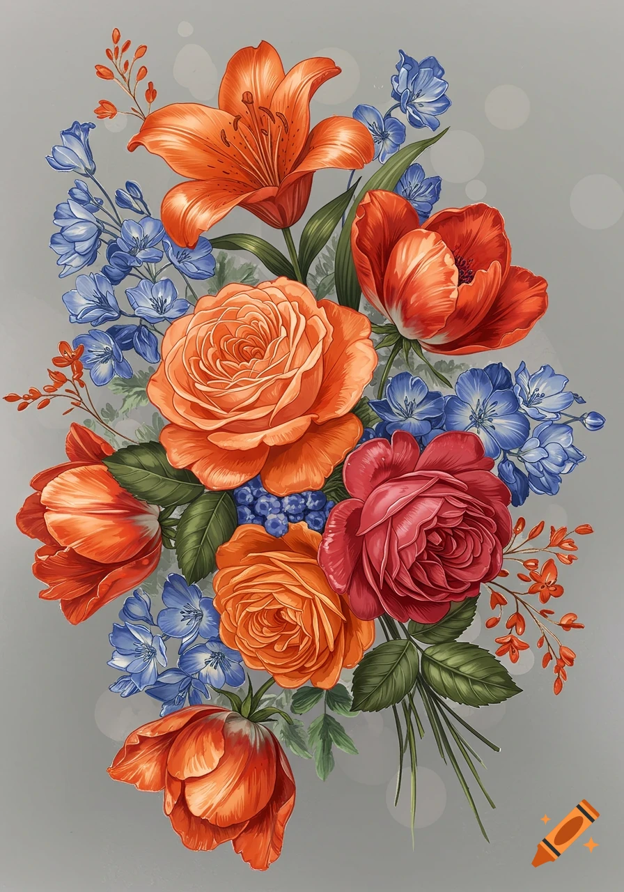 Colorful painting of a bouquet with orange, red, and blue flowers.