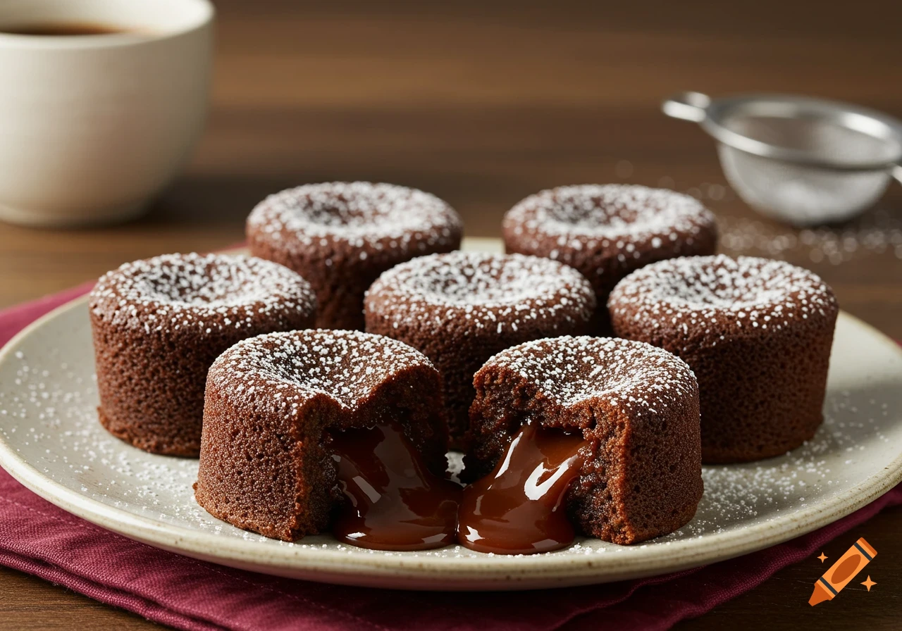 Mini molten lava cakes on a plate with powdered sugar and warm background.