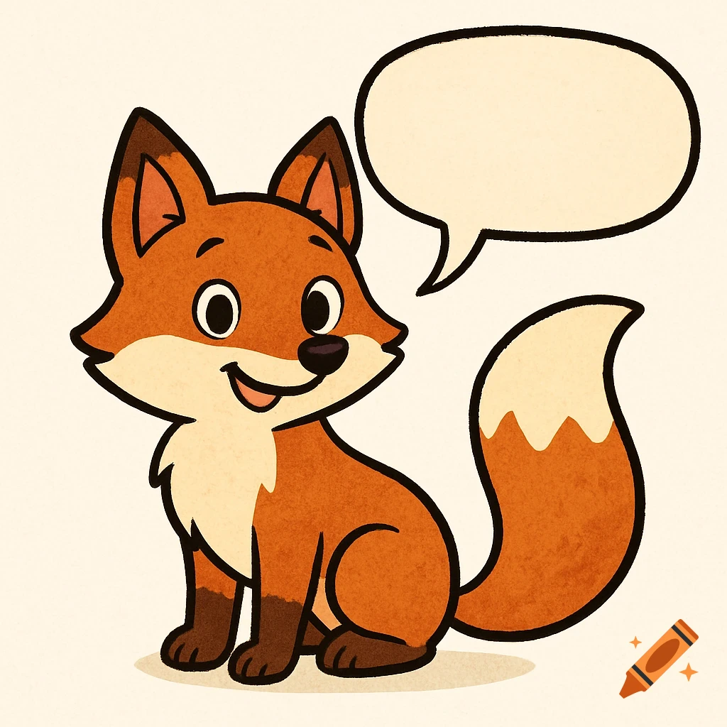 A cartoony fox sits with an empty speech bubble above its head.