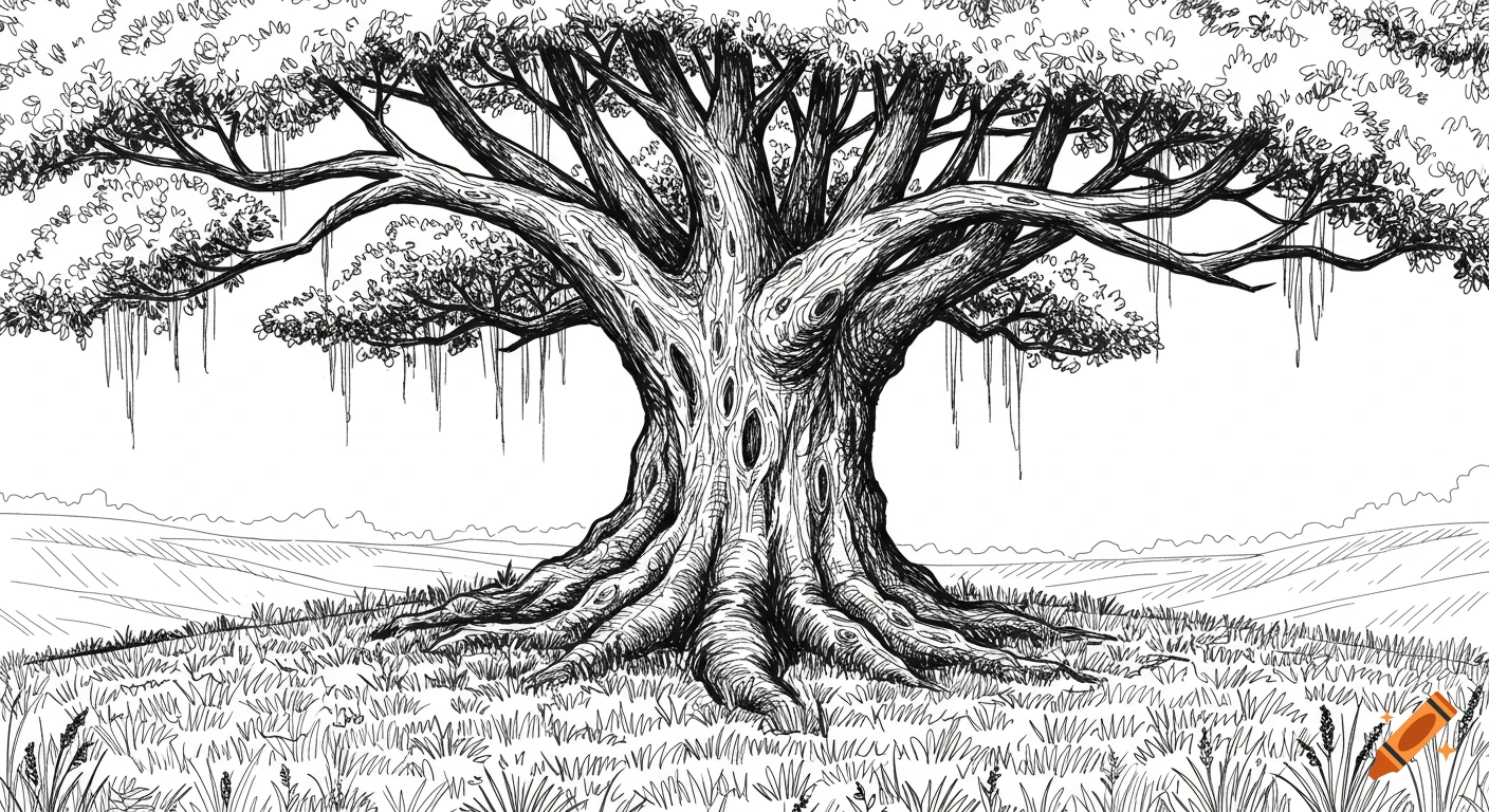 Line art drawing of a large tree with a wide trunk and low branches.