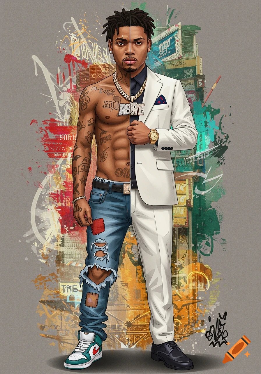 Illustration of a person split in half, showing an urban, tattooed side in ripped jeans and a formal side in a white suit.