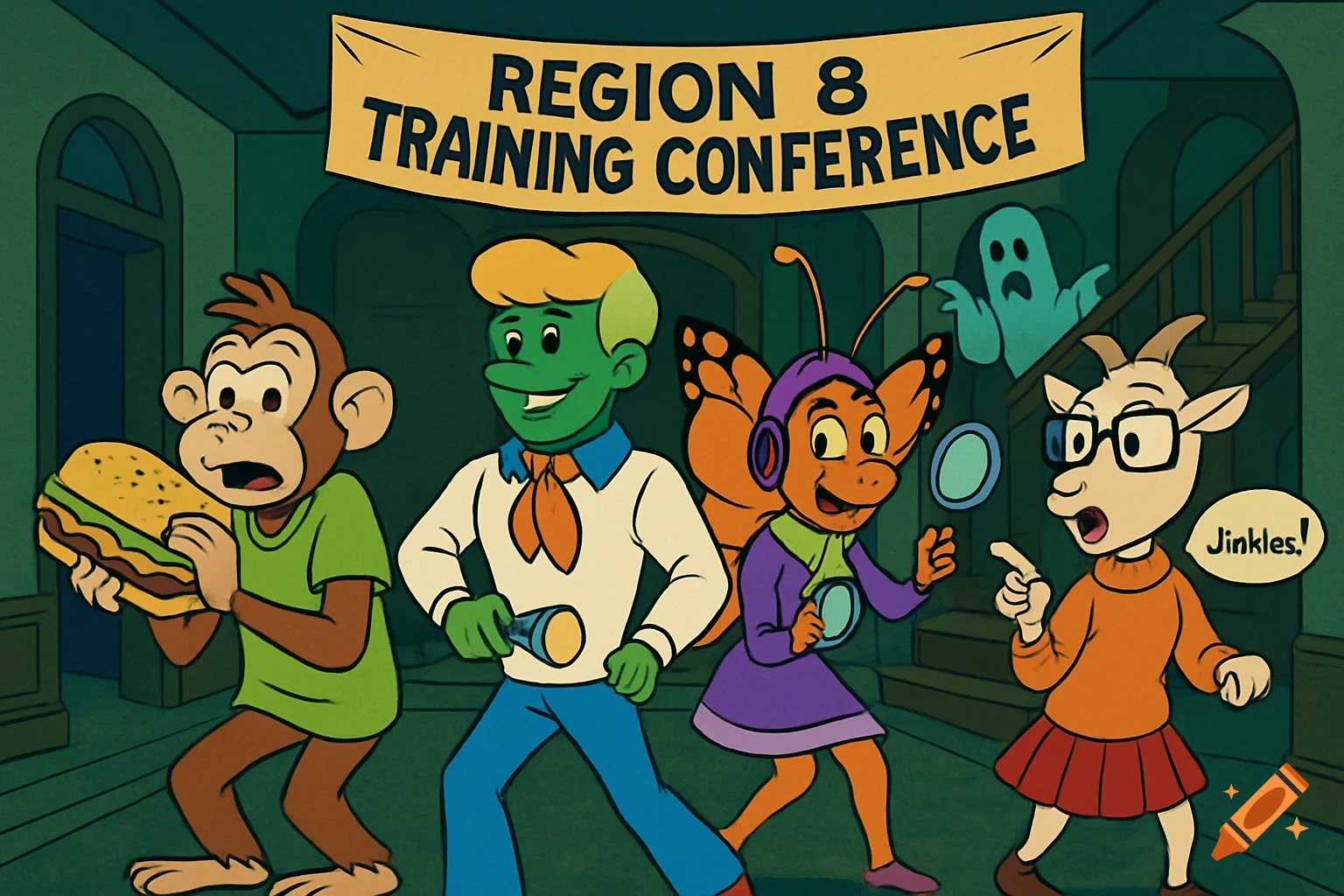 Cartoon animals dressed as Scooby-Doo characters at a training conference with a banner, giant sandwich, ghost, and speech bubble.