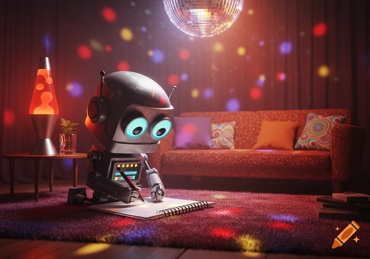 A cute robot writes in a notebook in a disco-themed living room with a lava lamp and sofa.