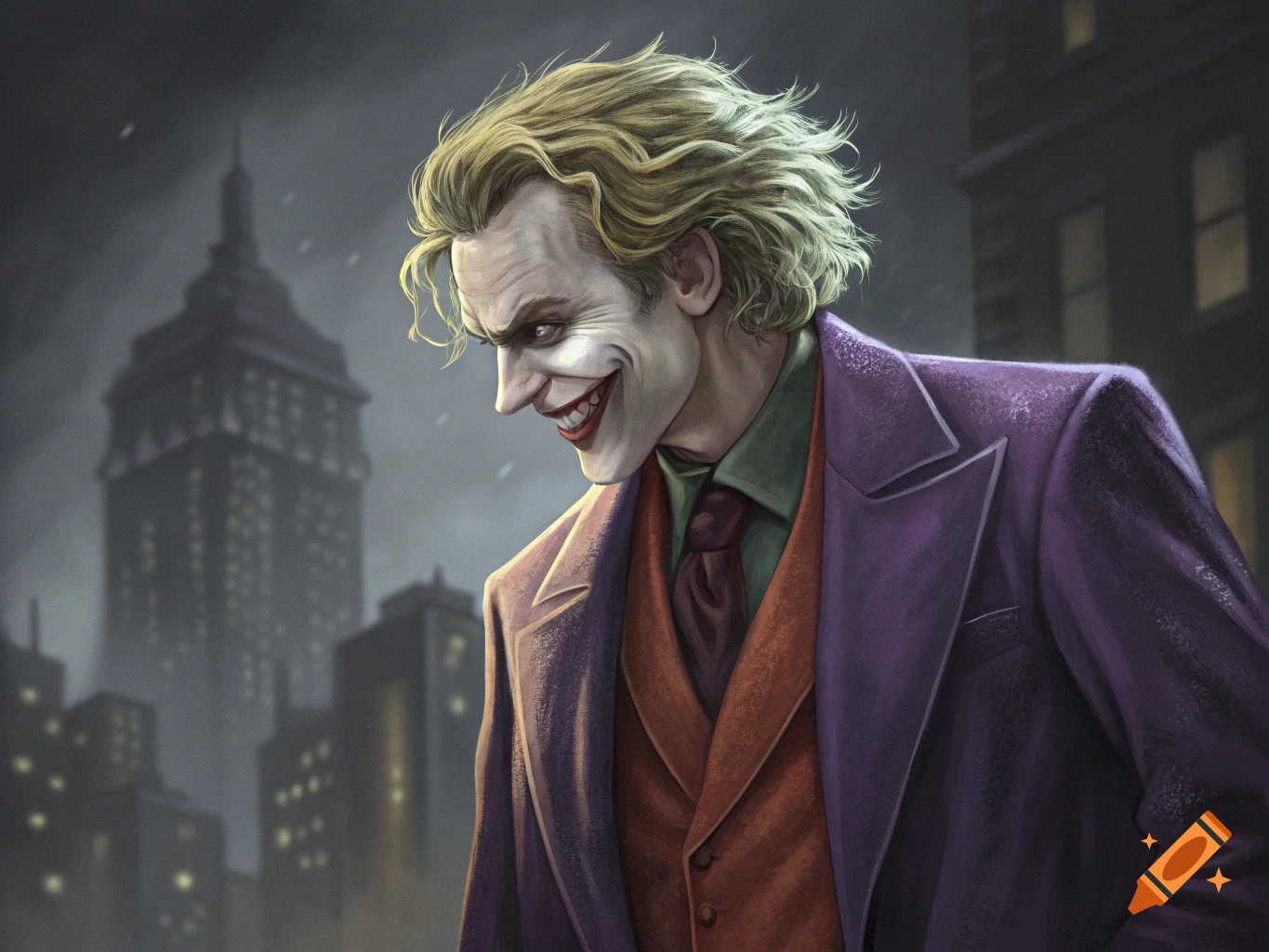 The Joker character stands in a city at night, smiling sinisterly, Empire State Building in background, digital painting.