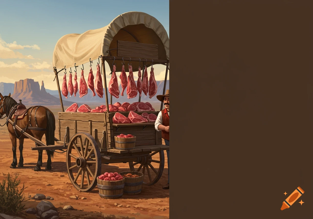 A horse-drawn wagon filled with raw meat in a Western desert landscape.