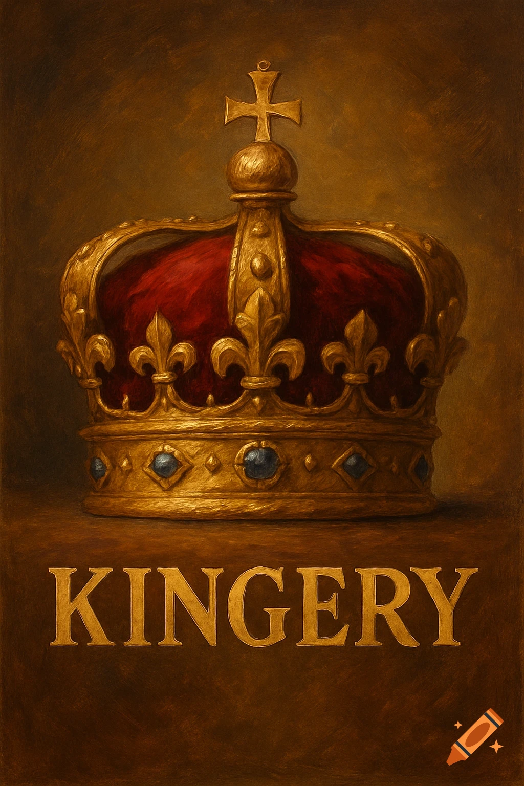 An oil painting of a gold crown with red velvet on a brown background, with the word 'KINGERY' below it.