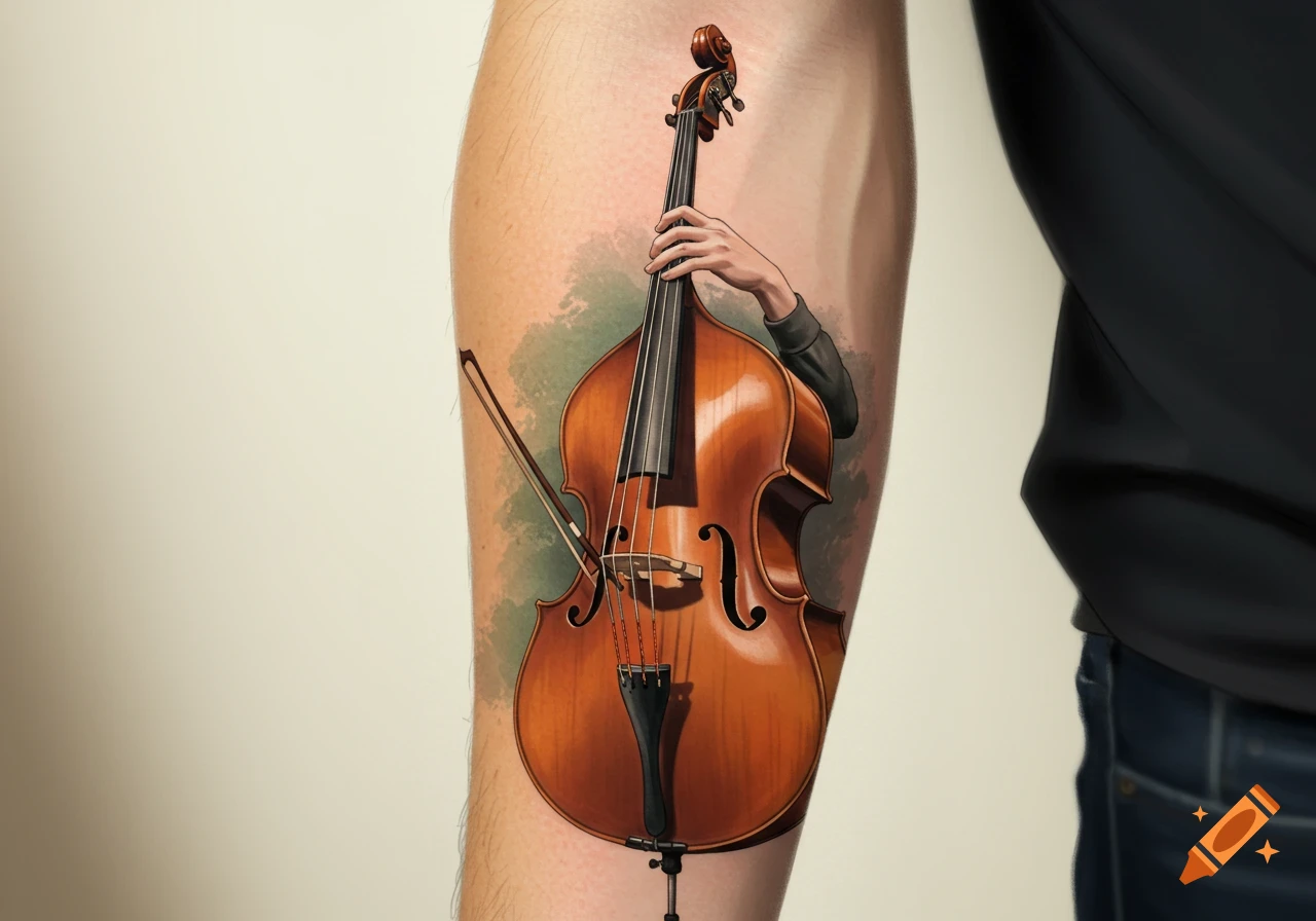 Photorealistic double bass tattoo on an arm