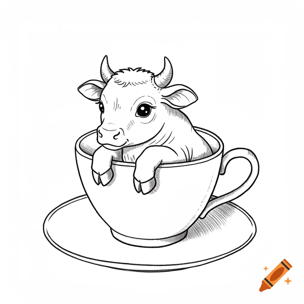 Black and white line illustration of a baby cow in a teacup.