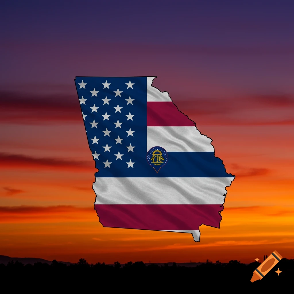 Silhouette of Georgia map filled with US and Georgia flag patterns against a sunset.