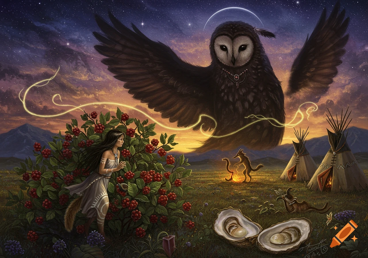A dreamlike fantasy illustration of a woman near a berry bush, a giant owl, a coyote, tepees, and oysters under a starry, sunset sky.