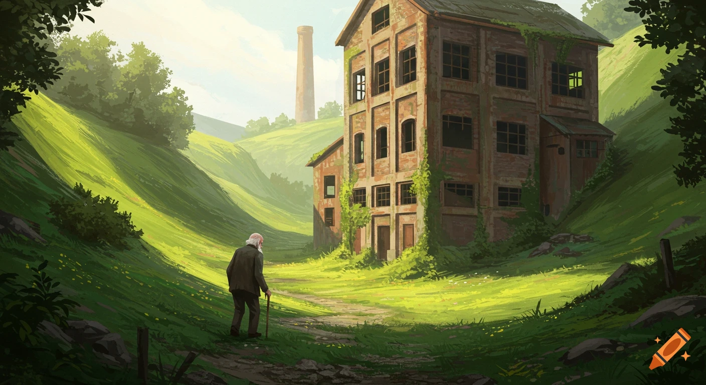 An old man walks through a green valley towards an overgrown brick building. Illustration.