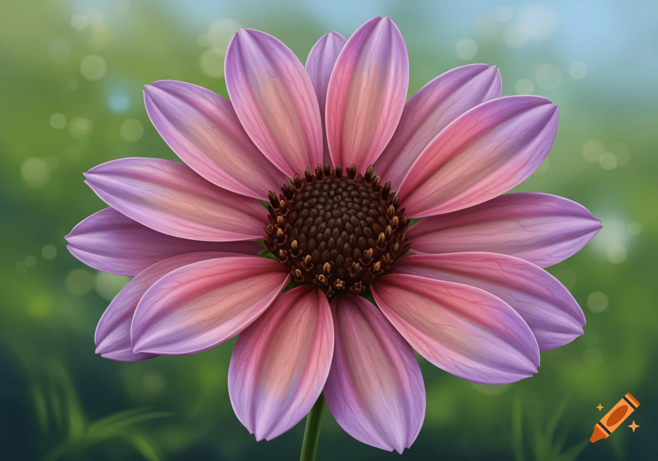 Close-up illustration of a purple and pink flower with a dark center.
