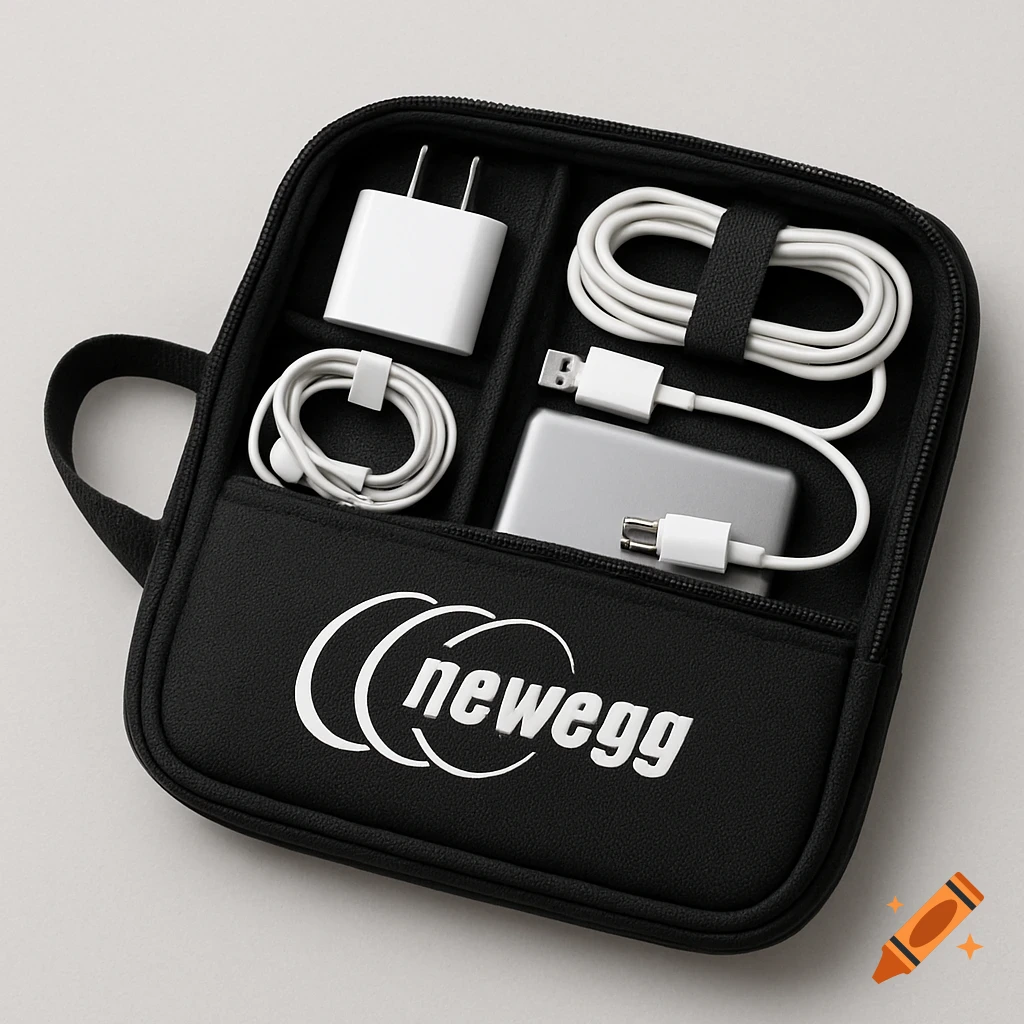 Black tech travel pouch open with charger, cables, earphones, and device inside, featuring a logo.