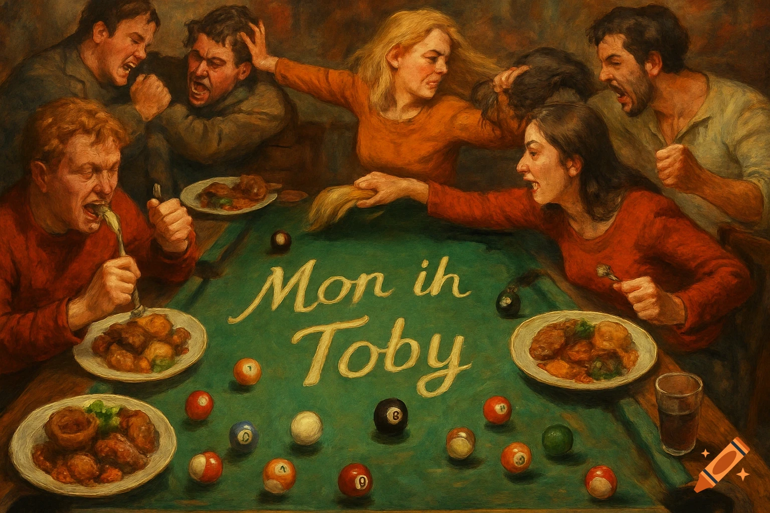 Painting of people fighting and eating around a pool table with text on it.