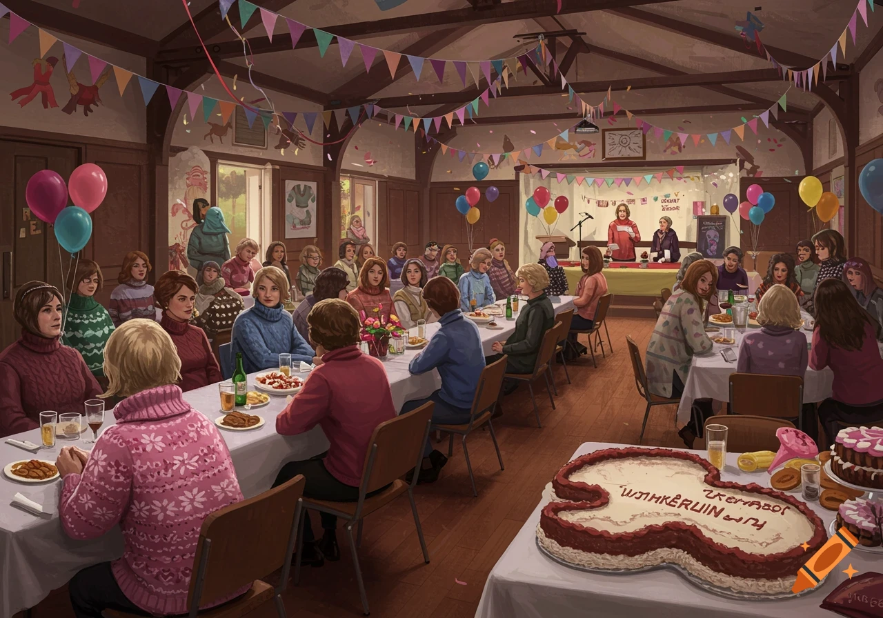 An illustration of a large group of women in turtleneck sweaters at a party in a decorated hall, with a speaker on stage and a large cake.