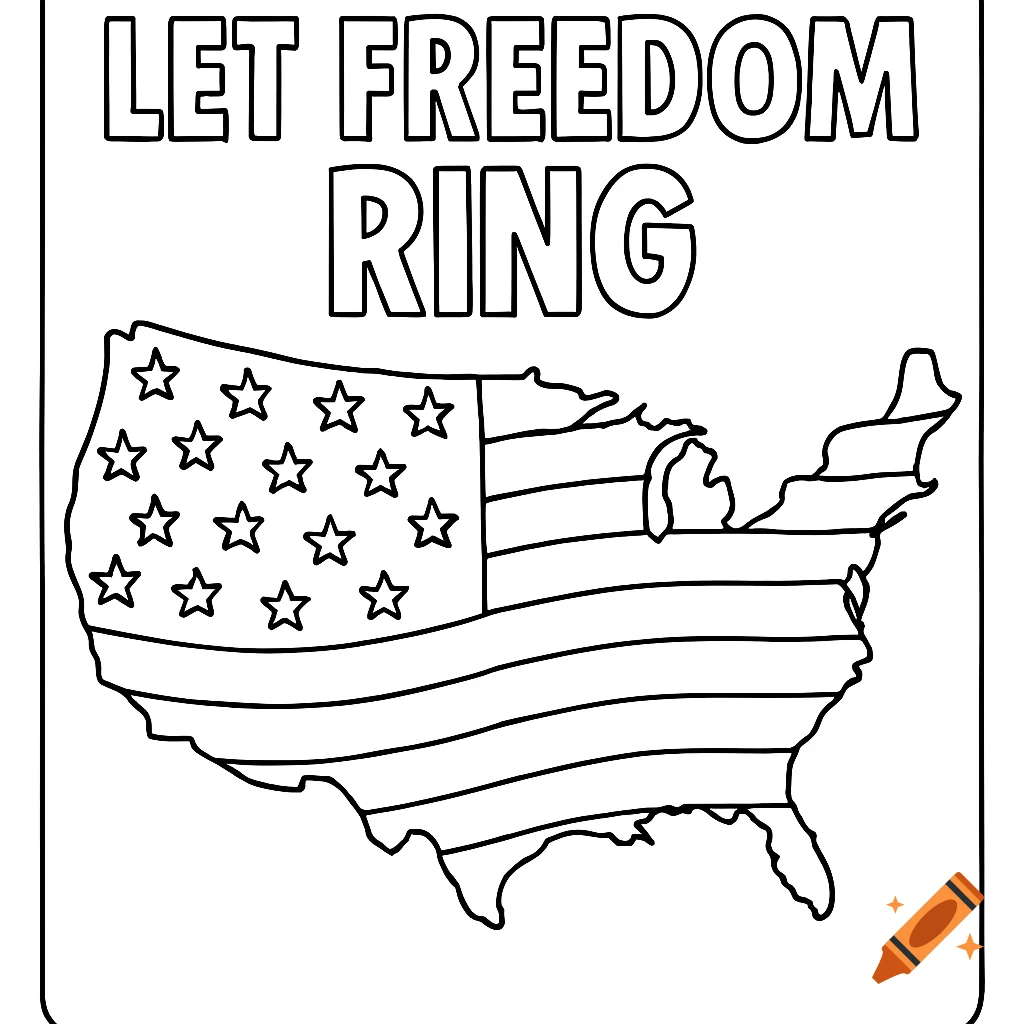 Line drawing of the USA map filled with the American flag pattern and text 'LET FREEDOM RING' above it, for coloring.