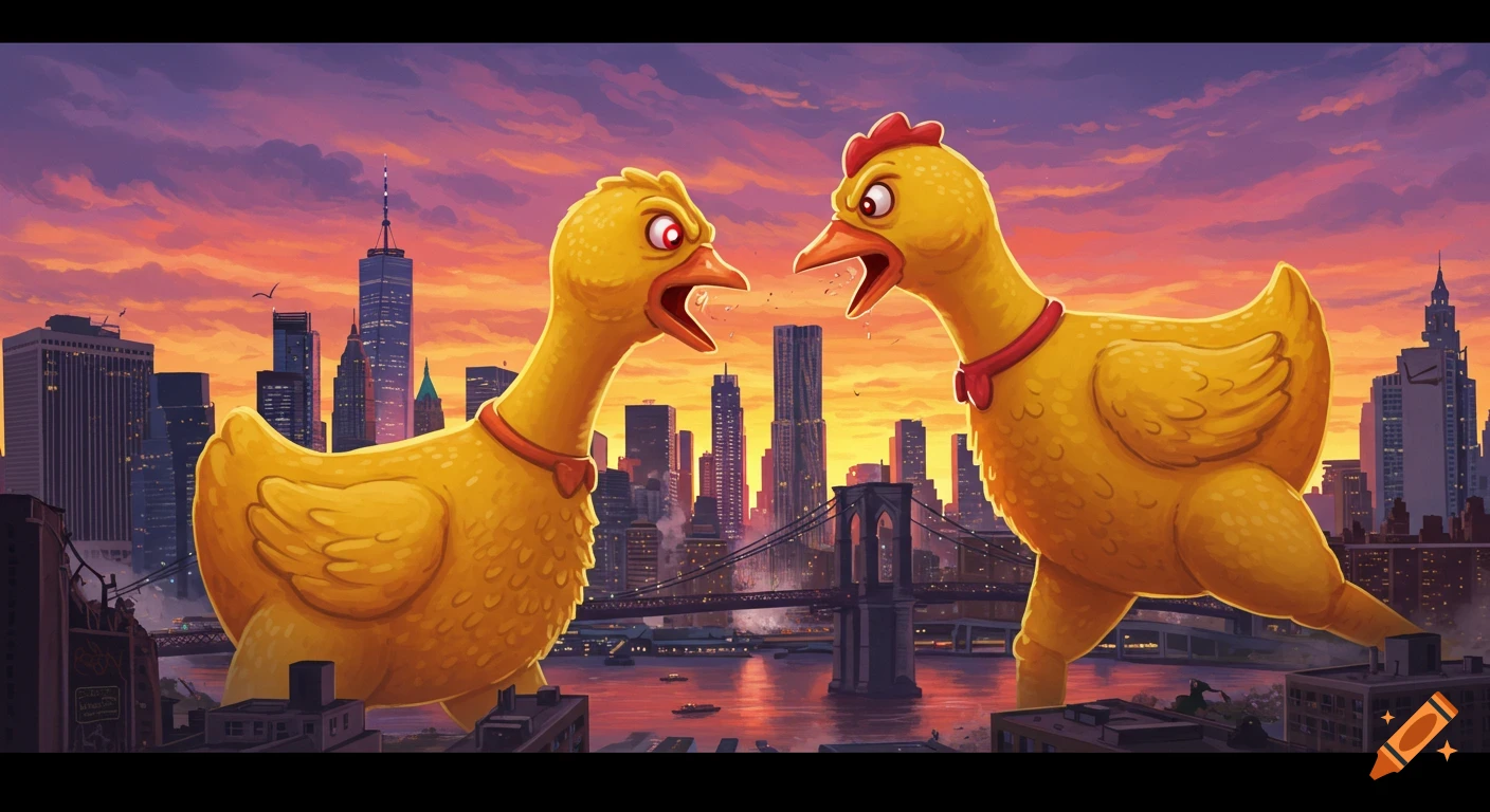 Two giant chickens fight in the New York City skyline at sunset