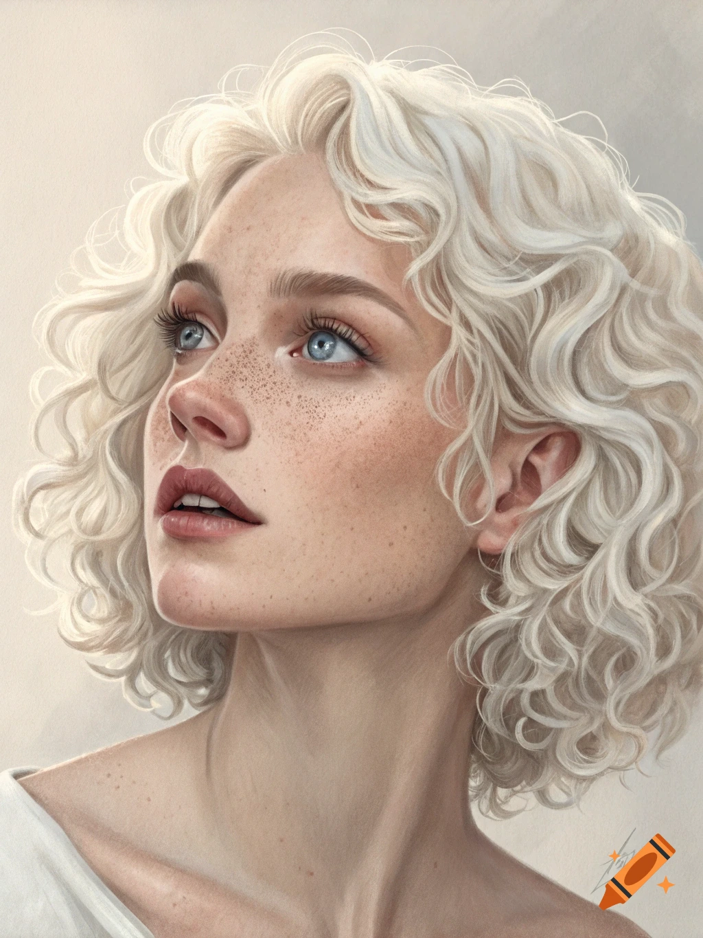 Realistic portrait of a young woman with curly blonde hair, freckles, and blue eyes looking up.