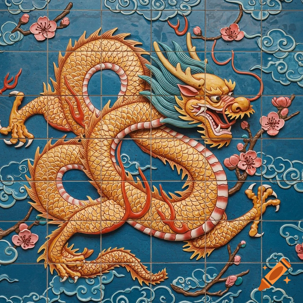 Golden dragon on a blue tile mural with clouds and pink flowers.