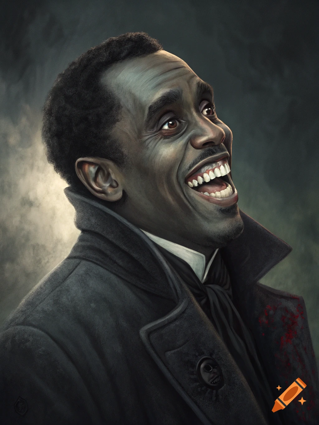 Painting of a man in a black coat smiling creepily, looking upwards.
