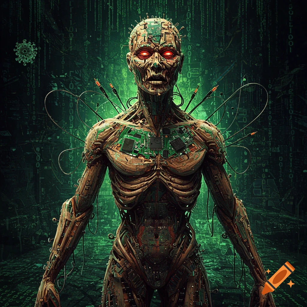 Cyborg humanoid with exposed circuits and glowing eyes stands against a green digital background.