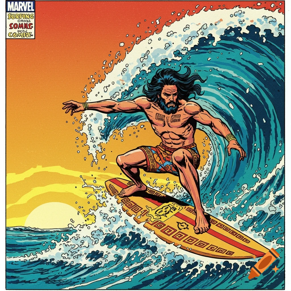 80s comic illustration of a bearded man surfing a large wave at sunset.