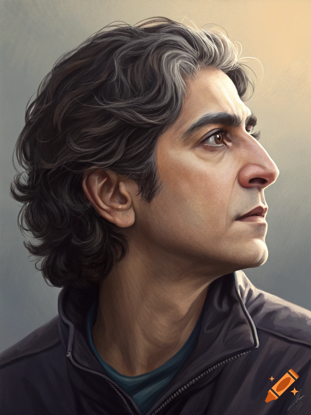 Profile portrait of a man with wavy hair looking aside, painted style