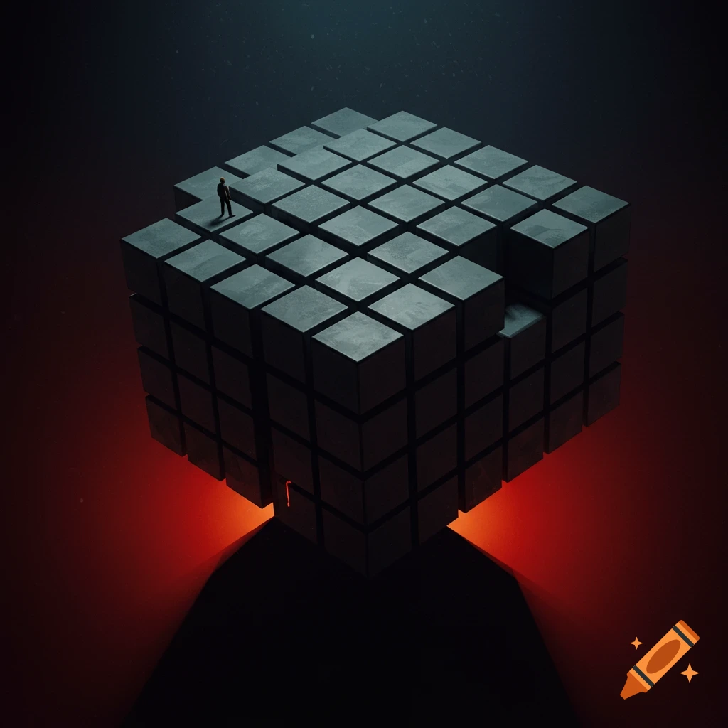 A tiny figure stands on a massive, dark, cube-like structure illuminated by red light from below, in a dark abstract style.