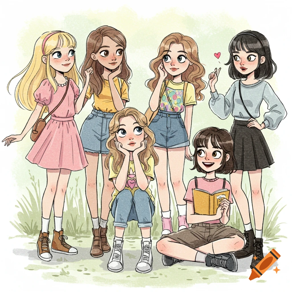 Illustration of six young girls standing and sitting together outdoors.