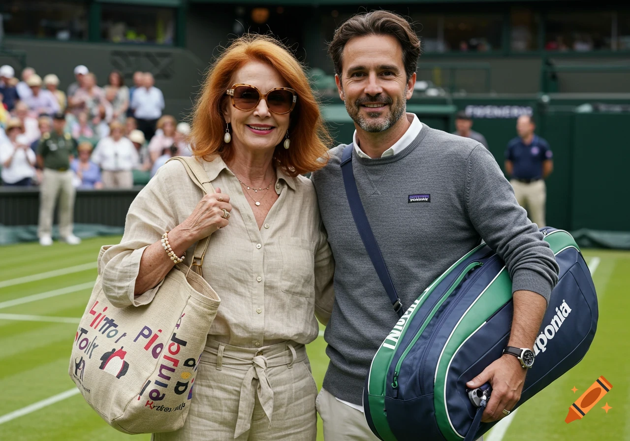 Woman in linen and man in sweater with tennis bag pose at Wimbledon.