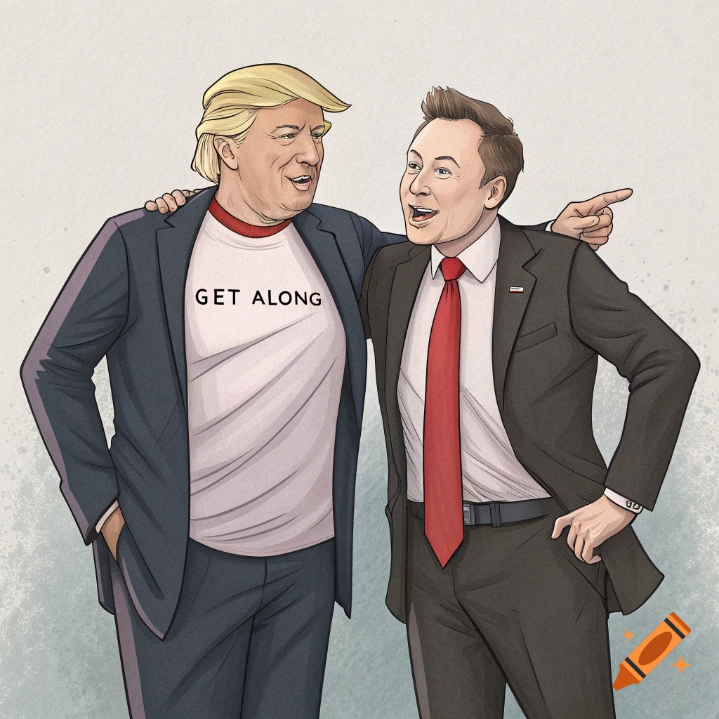 Cartoon of Donald Trump and Elon Musk, Trump wears a 'GET ALONG' shirt