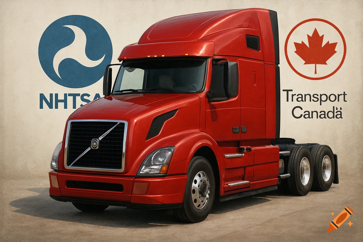 A red Volvo truck with NHTSA and Transport Canada logos on a textured background.