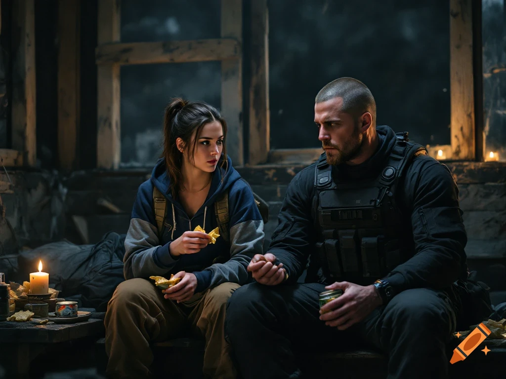 Two people in tactical gear and a hoodie sit in a dimly lit room, eating.