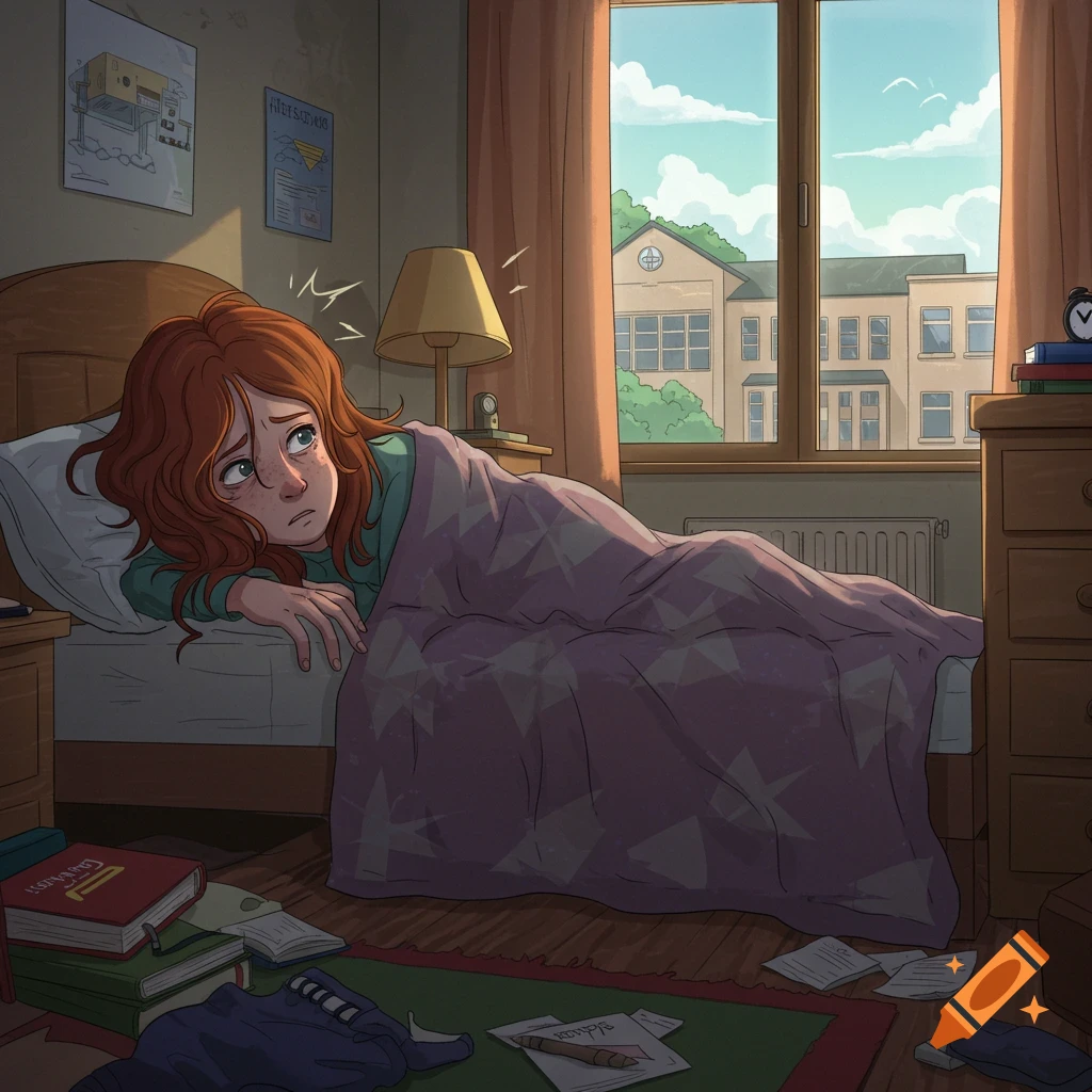 An illustration of a tired student laying in bed in a messy room, looking sad about going to school.