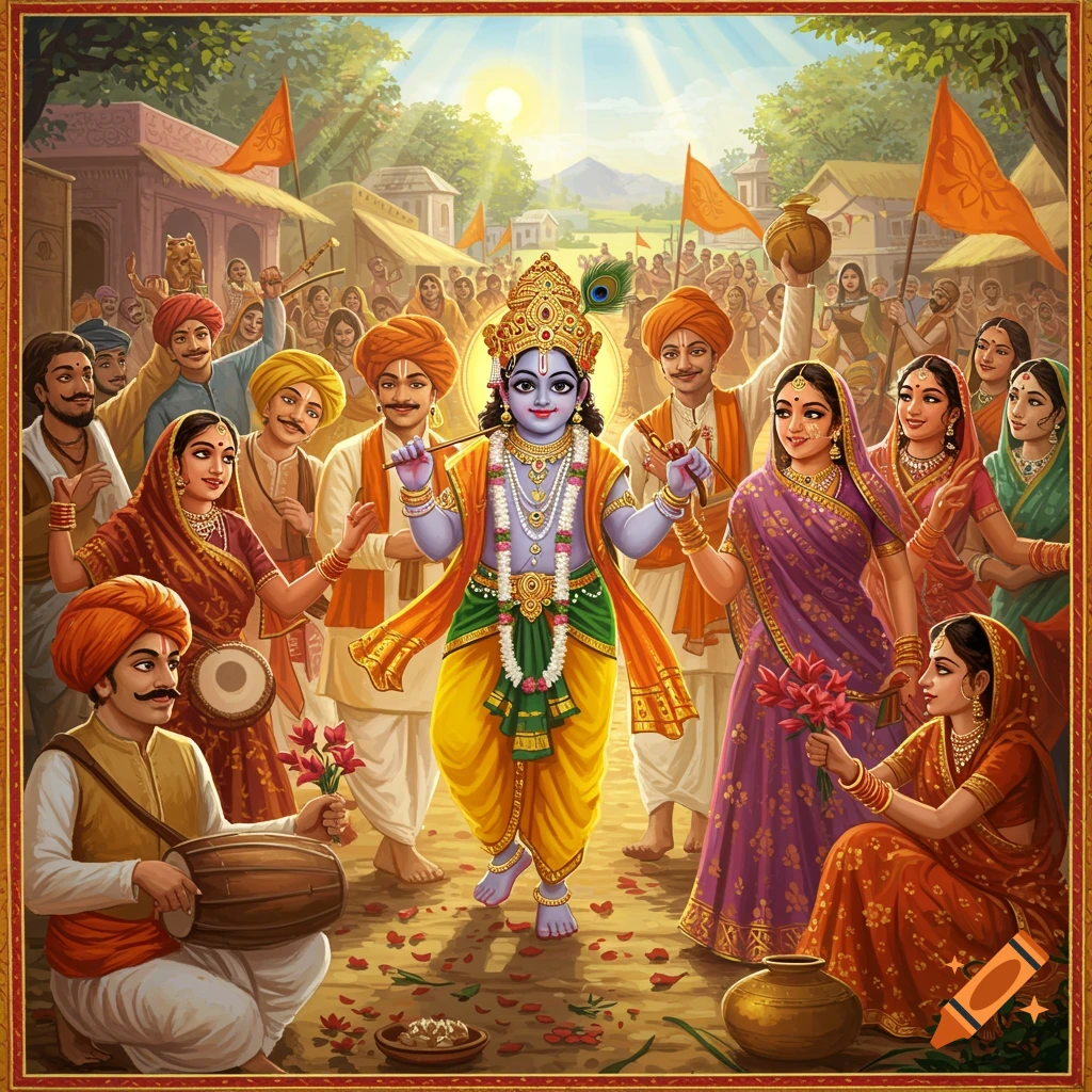 Young Krishna surrounded by villagers celebrating in a traditional art style