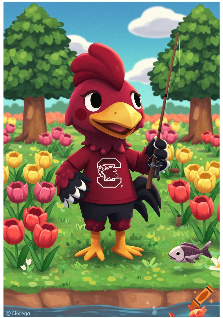 Animal Crossing style rooster mascot in SC shirt fishing by tulips