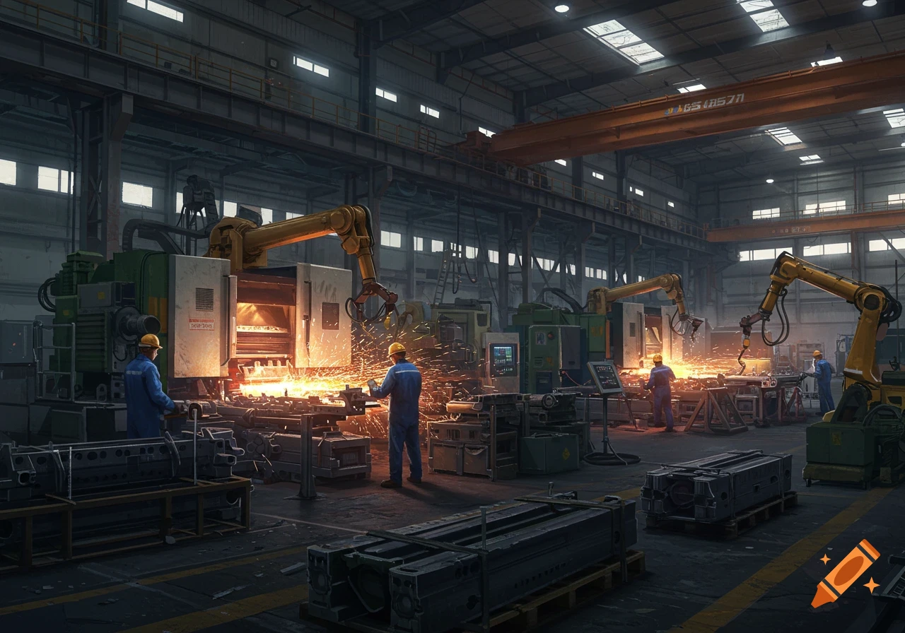 Inside a modern metal fabrication factory with robotic arms, workers, and sparks flying.