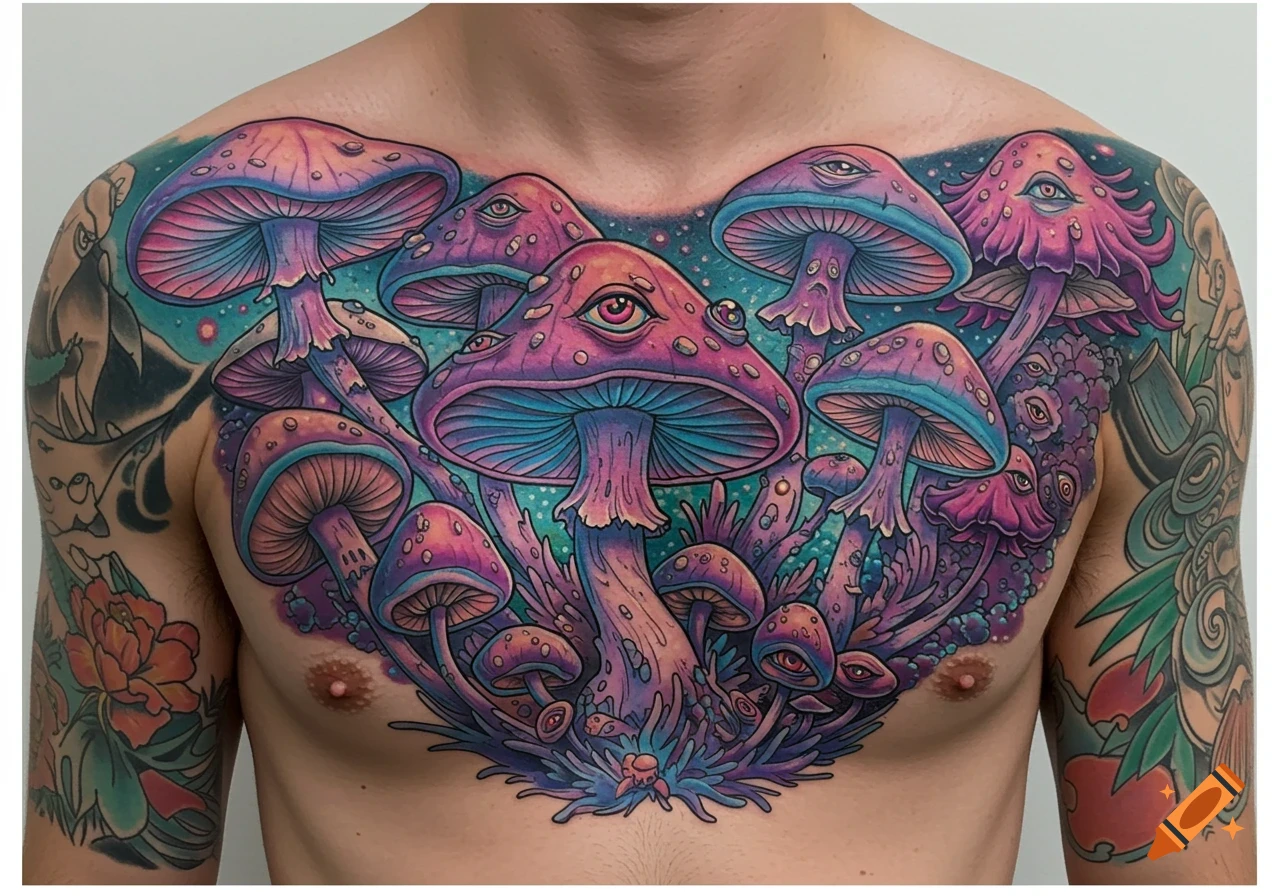 A chest tattoo featuring a cluster of colorful, trippy mushrooms with multiple eyes.