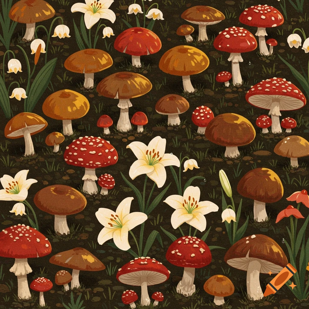 Illustration of various brown and red mushrooms and white lilies.