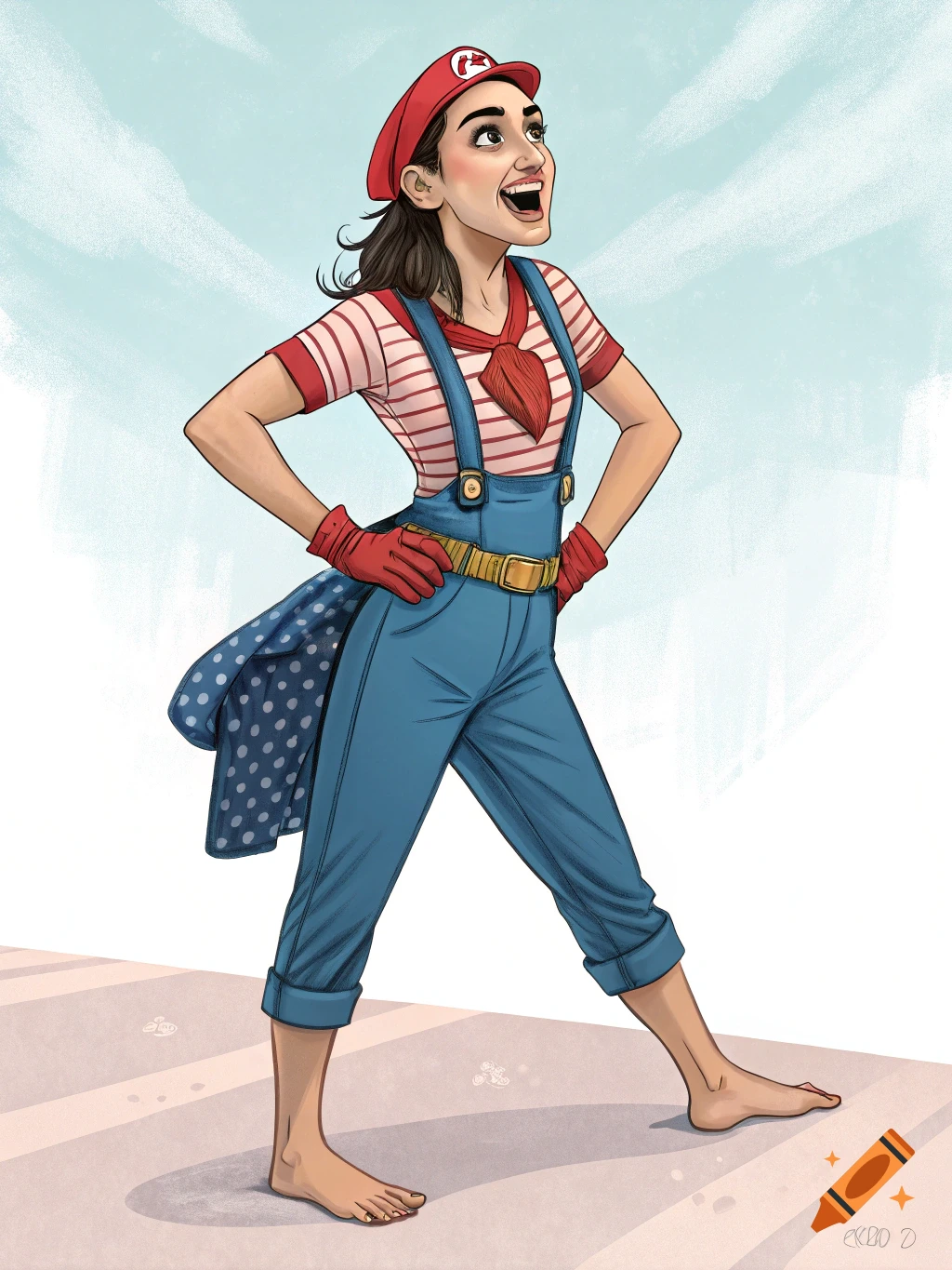 Digital illustration of a barefoot woman in a Mario costume standing with hands on hips, looking up and smiling.