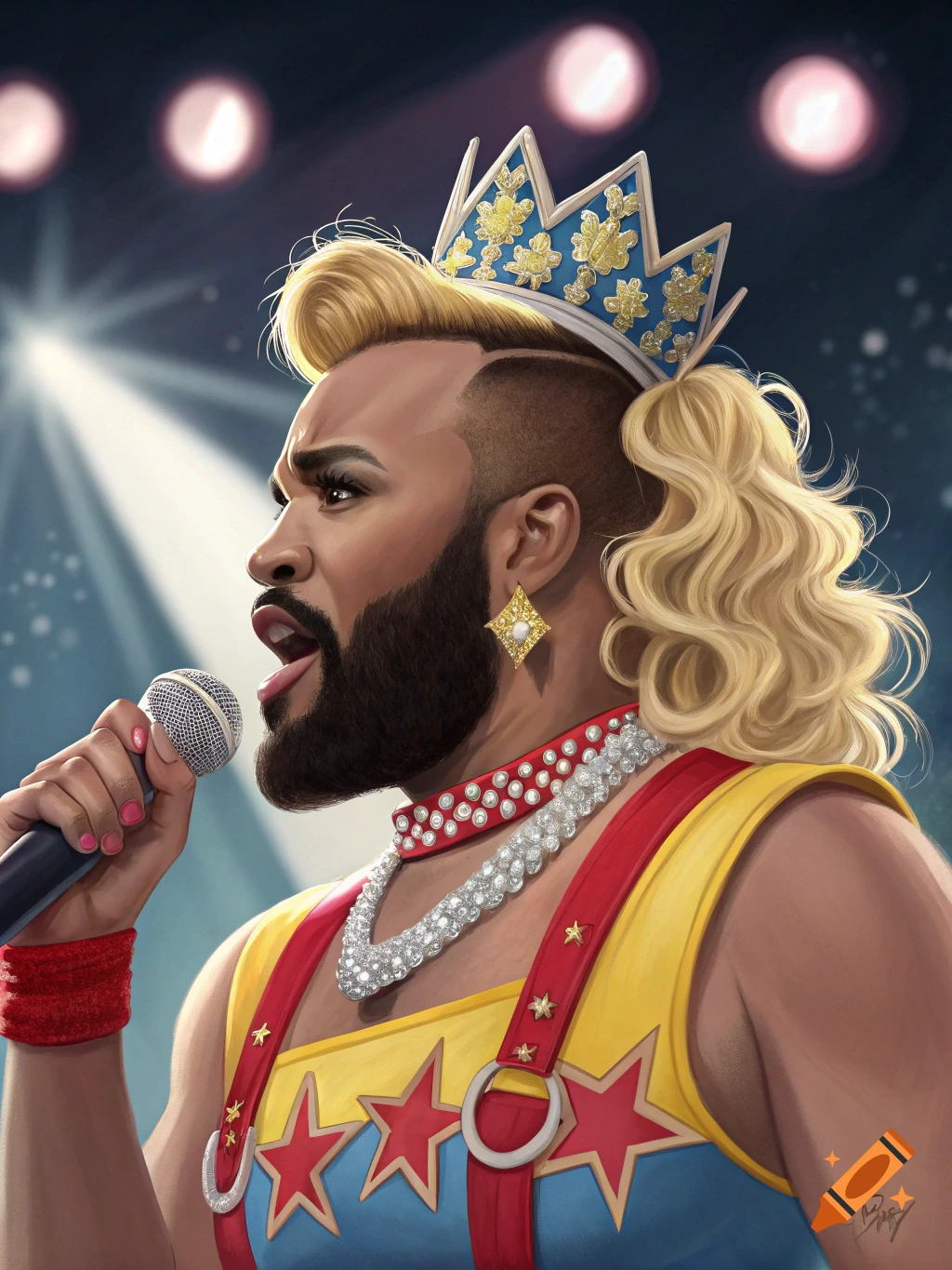 Man in drag singing into microphone on stage, wearing a crown and colorful costume.