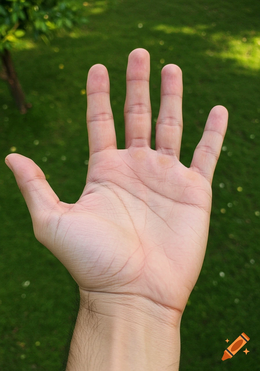 Close-up of a person's open palm against a green background.